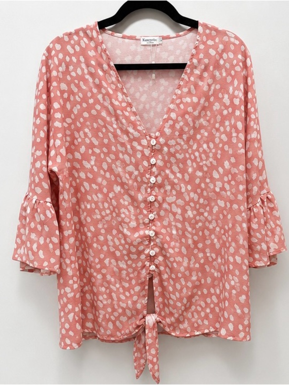 NWOT Kancystore Pink Animal Print Tie Front Blouse Bell Sleeve Size L